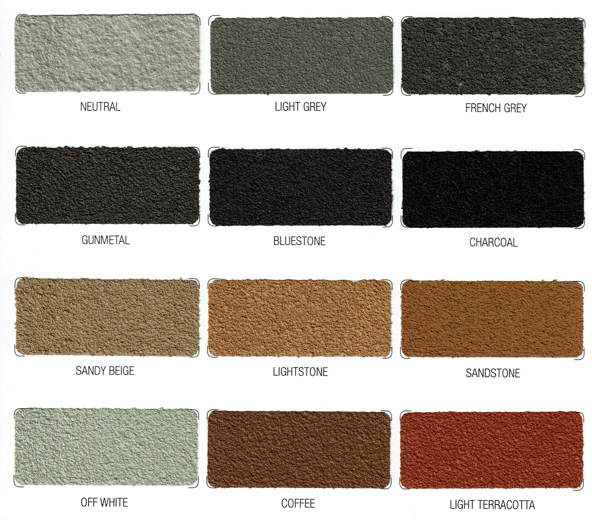 Colour chart showing the twelve concrete resurfacing colours: Neutral, Light Grey, French Grey, Gunmetal, Bluestone, Charcoal, Sandy Beige, Lightstone, Sandstone, Off White, Coffee and Light Terracotta